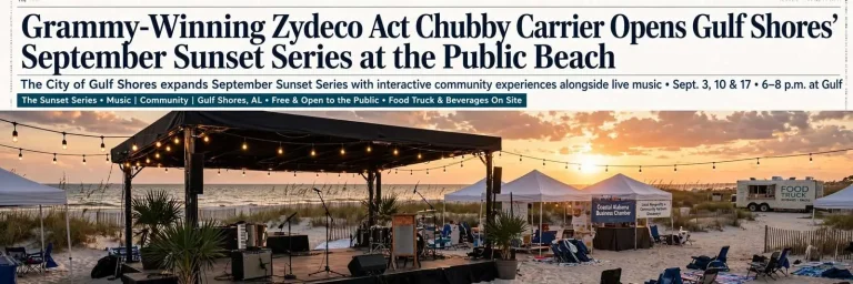 Illustration for the news story: Grammy-Winning Zydeco Act Chubby Carrier Opens Gulf Shores’ September Sunset Series at the Public Beach