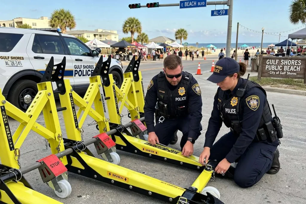 Illustration for the news story: Gulf Shores weighs $205,000 vehicle barrier system to protect crowds at special events