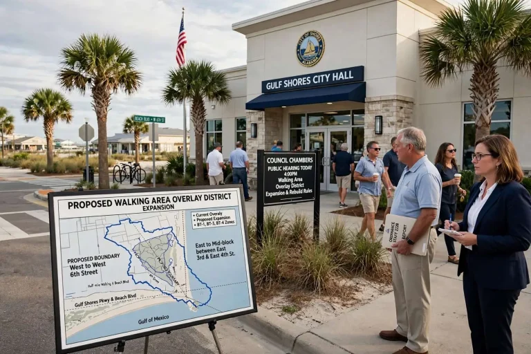 Illustration for the news story: Gulf Shores Weighs Expanding Its Walking Area Overlay District and Easing Rebuild Rules