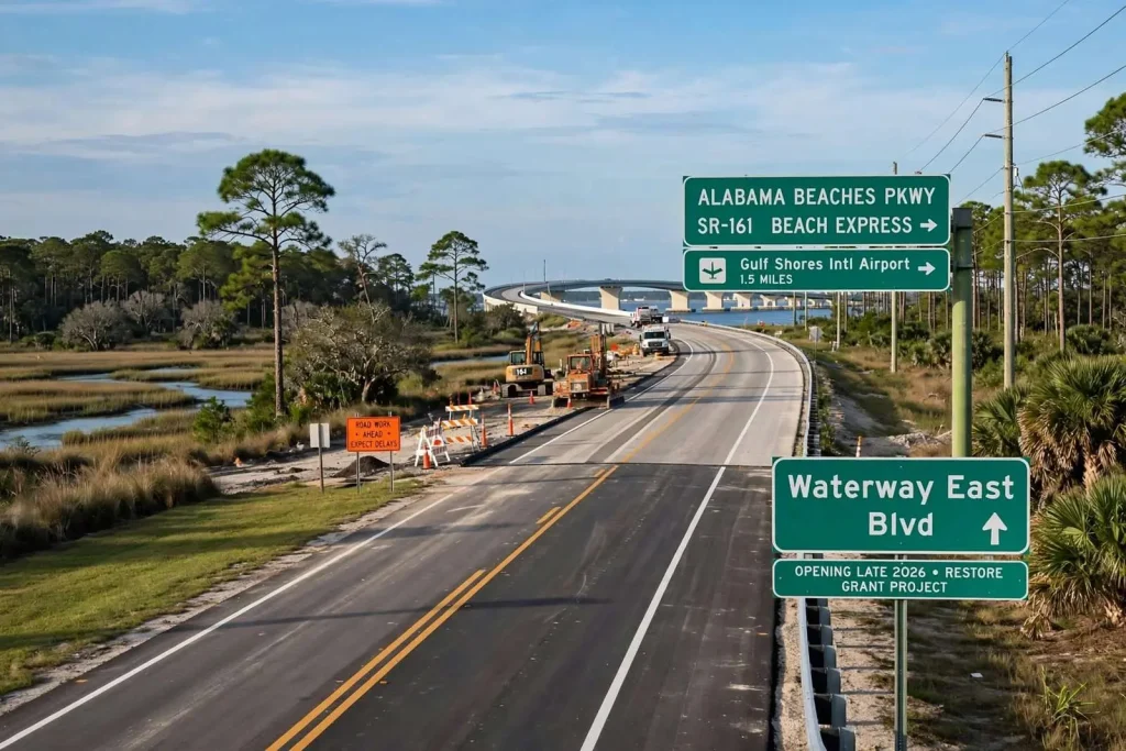 Illustration for the news story: Gulf Shores’ Waterway East Extension Now Connected to Alabama Beaches Parkway, Full Opening Expected by Year’s End