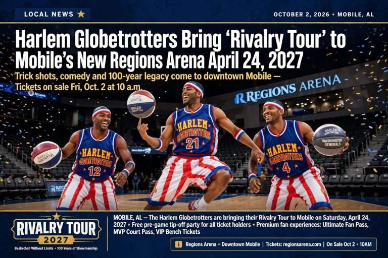 Illustration for the news story: Harlem Globetrotters Bring ‘Rivalry Tour’ to Mobile’s New Regions Arena April 24, 2027