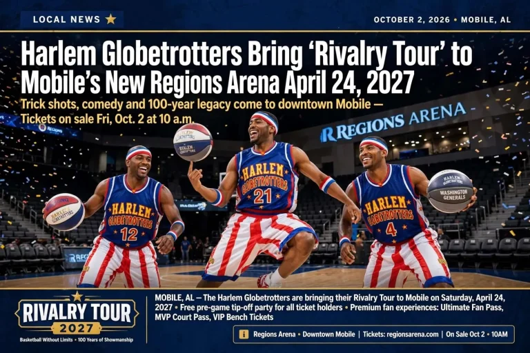 Illustration for the news story: Harlem Globetrotters Bring ‘Rivalry Tour’ to Mobile’s New Regions Arena April 24, 2027
