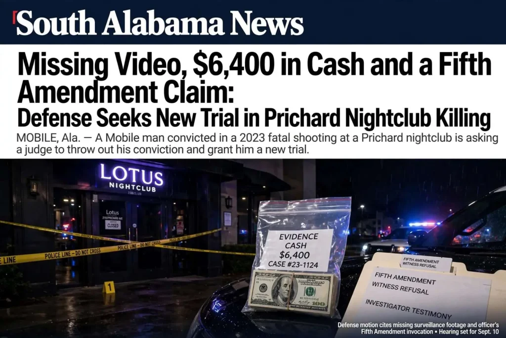Illustration for the news story: Missing Video, $6,400 in Cash and a Fifth Amendment Claim: Defense Seeks New Trial in Prichard Nightclub Killing