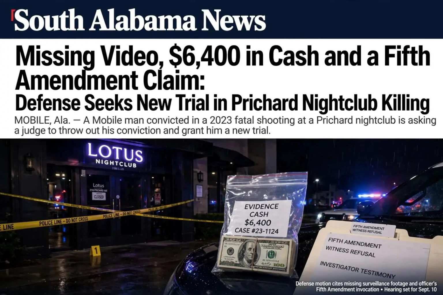 Illustration for the news story: Missing Video, $6,400 in Cash and a Fifth Amendment Claim: Defense Seeks New Trial in Prichard Nightclub Killing