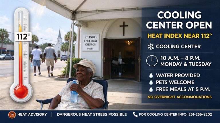 Illustration for the news story: Heat Index Near 112: Baldwin Opens a Cooling Center as the Season’s First Heat Advisory Settles In