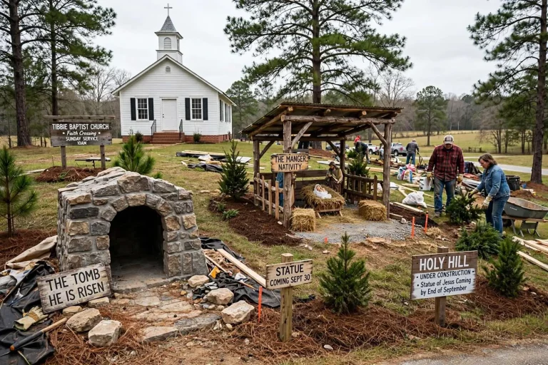 Illustration for the news story: Holy Hill Takes Shape at Tibbie Baptist, With a Tomb, a Manger and a Statue Due by Month’s End