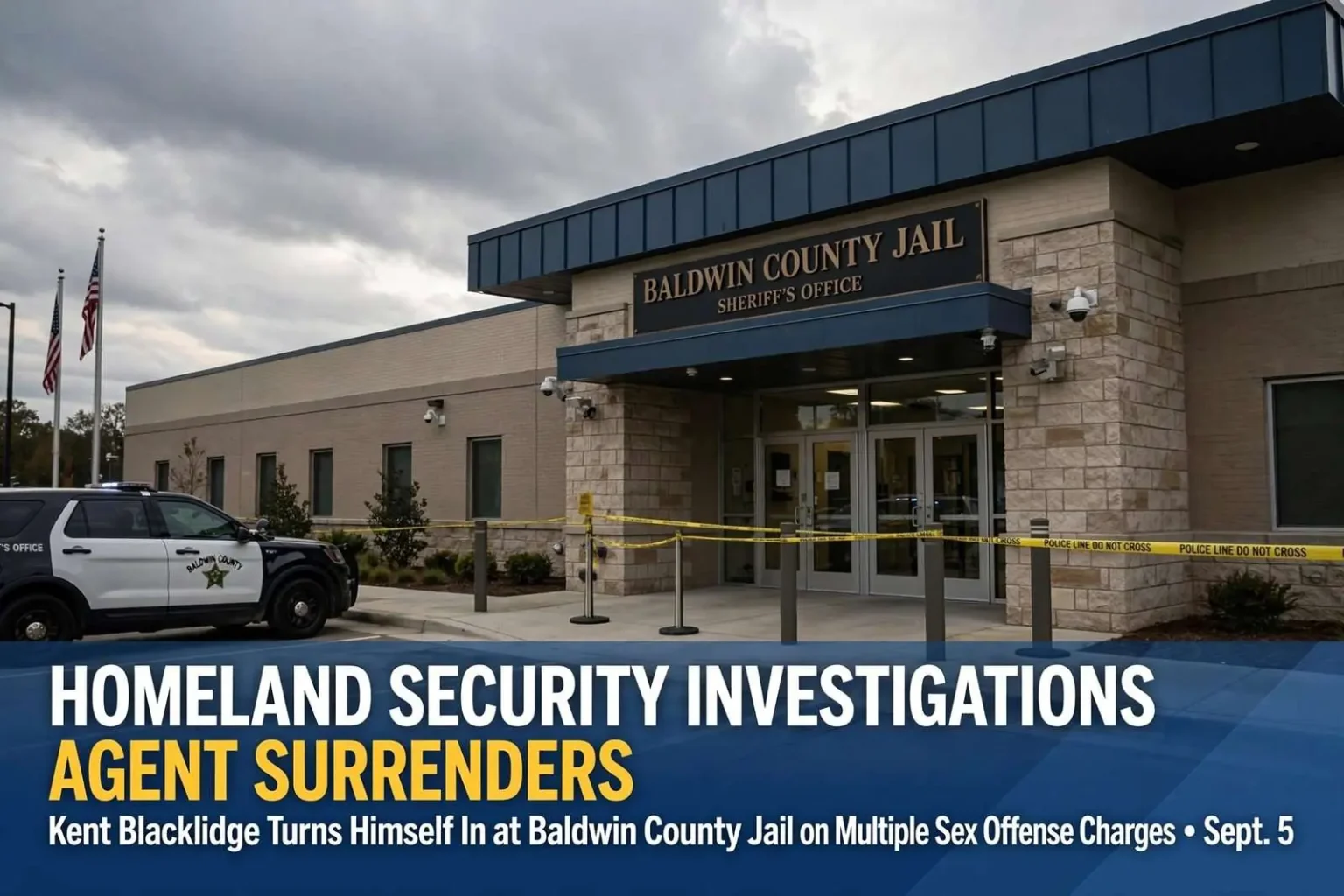 Illustration for the news story: Homeland Security Investigations Agent Kent Blacklidge Surrenders at Baldwin County Jail on Rape, Sodomy and Incest Charges