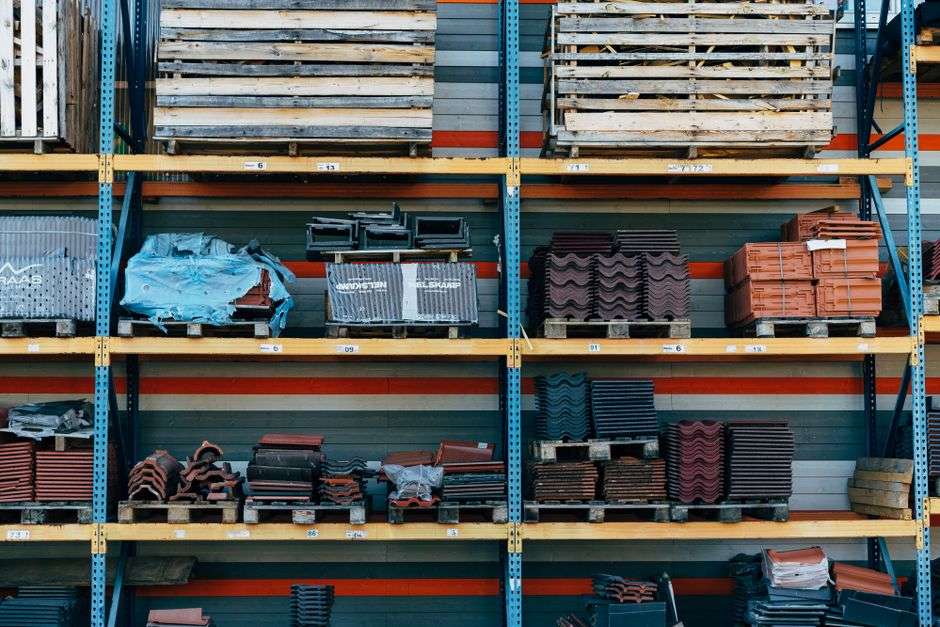 Shelves of building supplies and hardware at a home improvement store