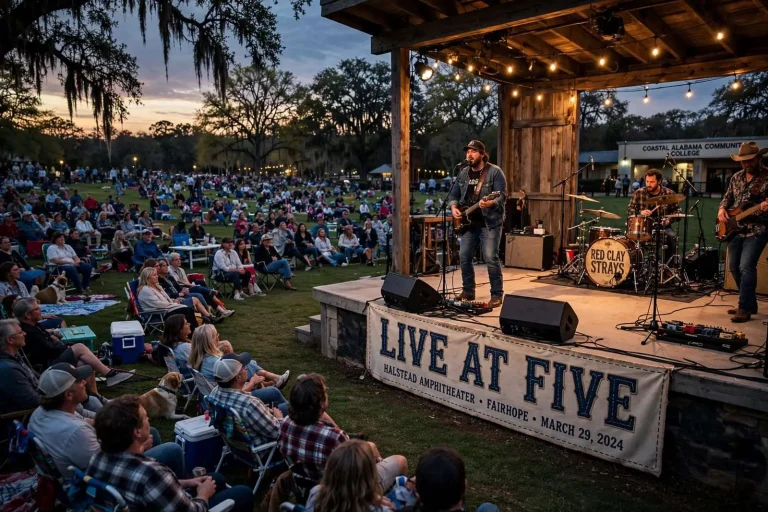 Illustration for the news story: How Live at Five Turned a Fairhope Lawn Into a Stage for the Red Clay Strays