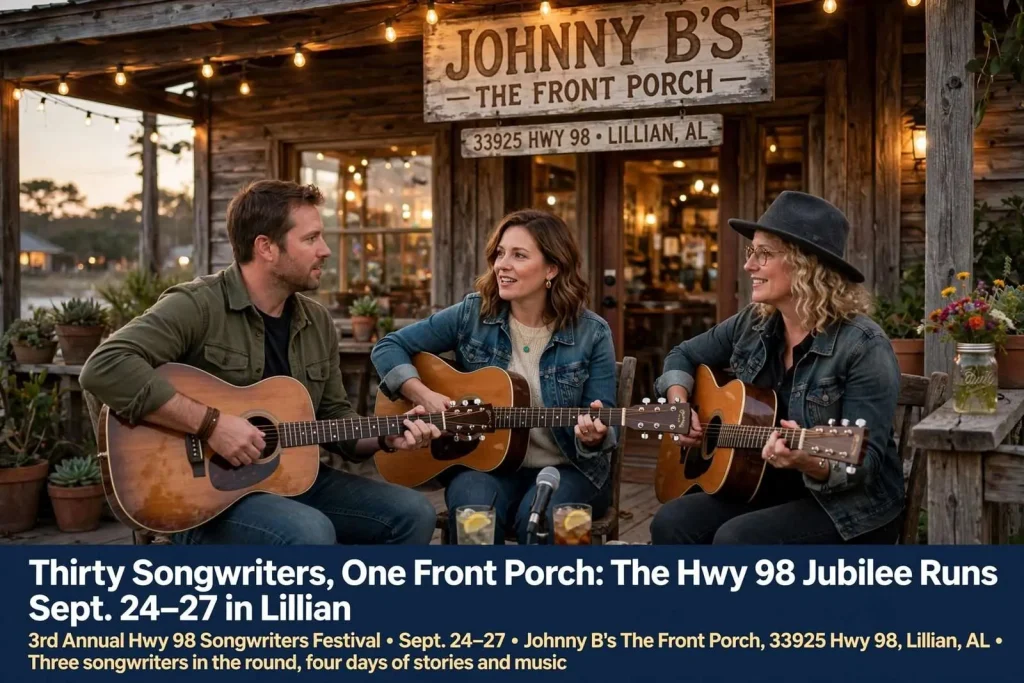 Illustration for the news story: Thirty Songwriters, One Front Porch: The Hwy 98 Jubilee Runs Sept. 24-27 in Lillian