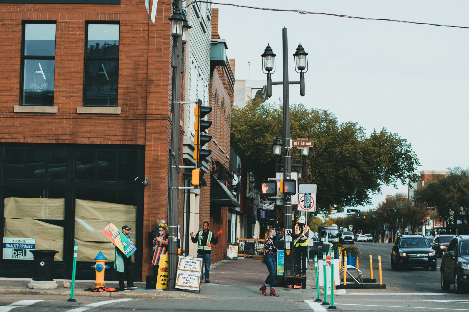 Construction crews working on a downtown street revitalization project