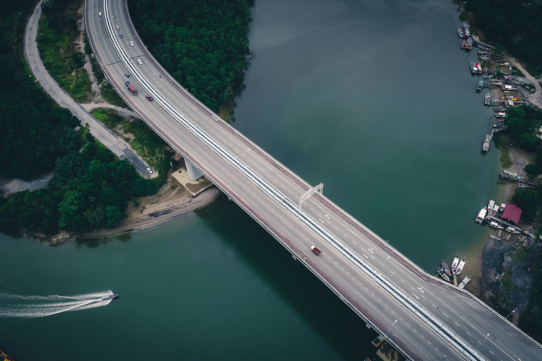 A large highway bridge spanning a river