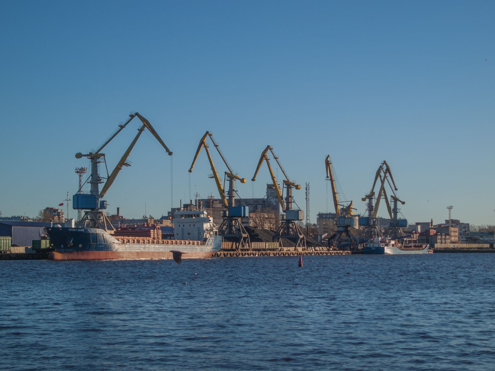 Cargo ships docked at a deepwater port harbor