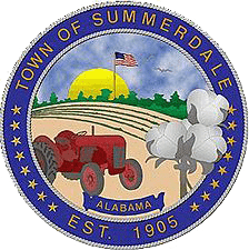 The official seal of the Town of Summerdale, Alabama, showing a red tractor, farm field, cotton plants and the date Est. 1905