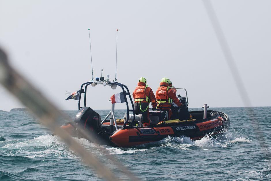 A rescue vessel searching open water