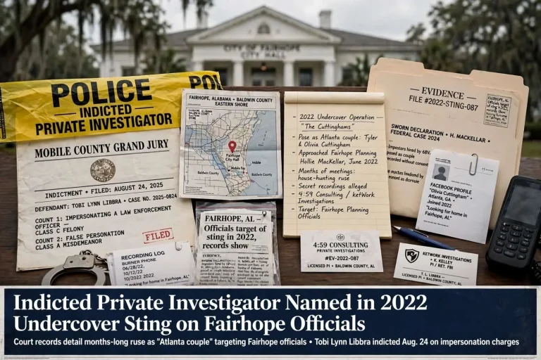 Illustration for the news story: Indicted Private Investigator Named in 2022 Undercover Sting on Fairhope Officials