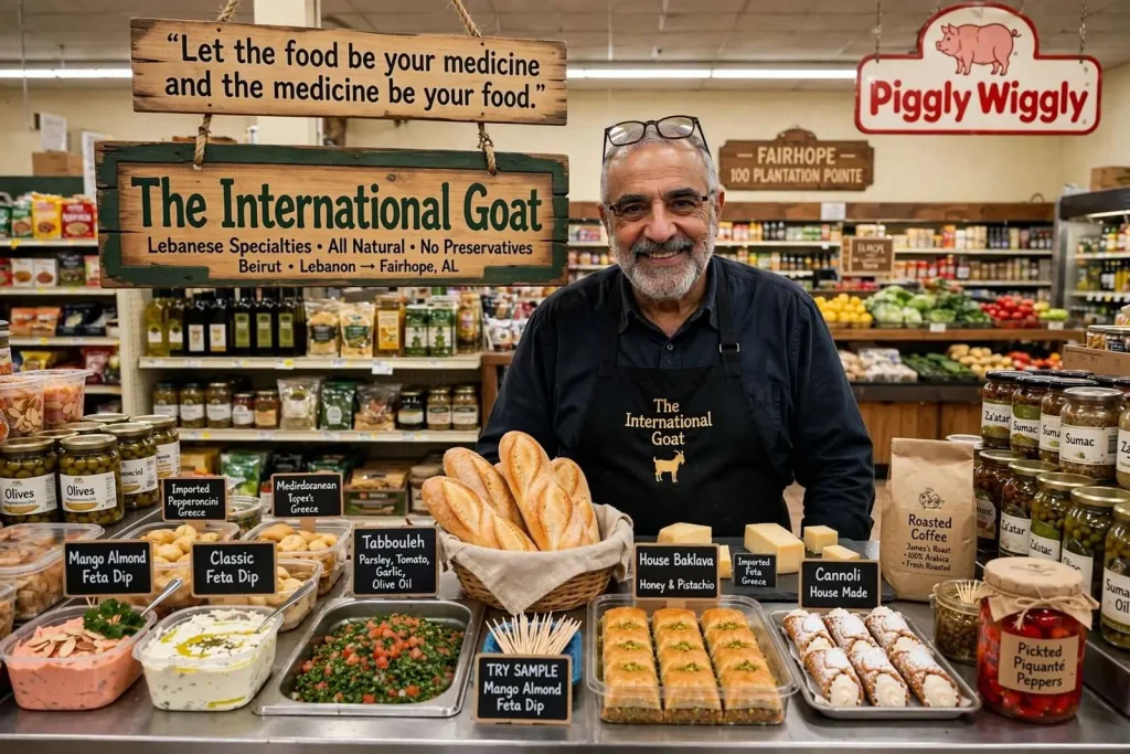 Illustration for the news story: Inside a Fairhope Piggly Wiggly, a Lebanese Grocer Is Running a Counter Called The International Goat