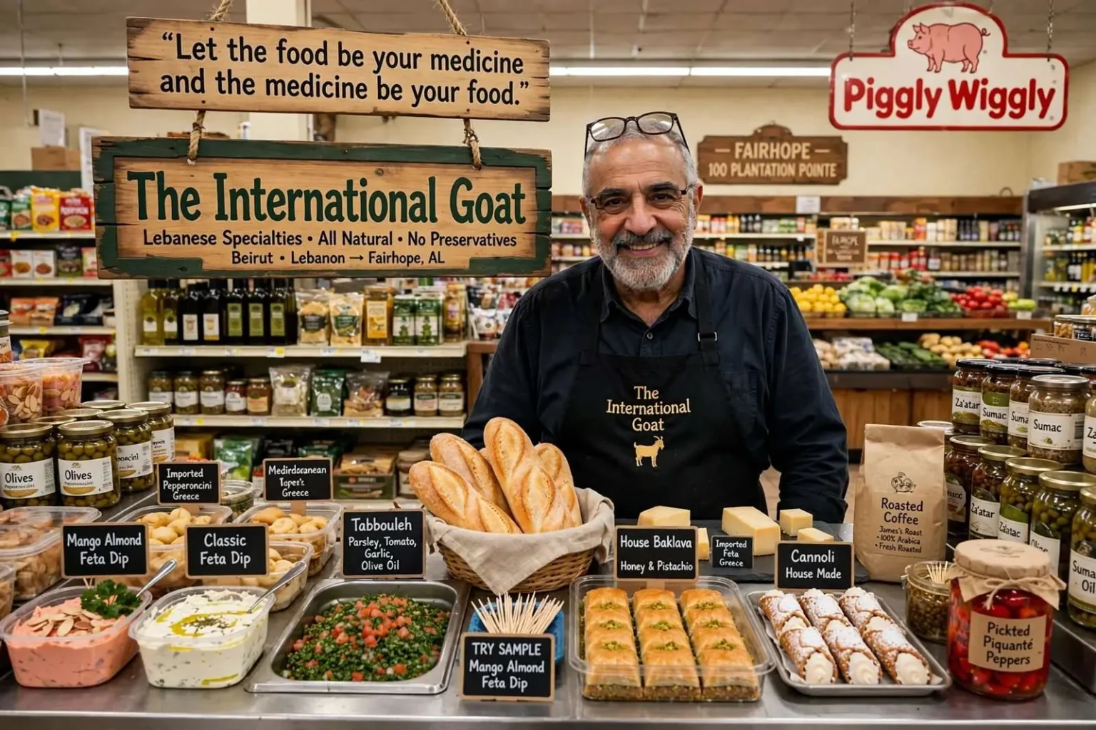 Illustration for the news story: Inside a Fairhope Piggly Wiggly, a Lebanese Grocer Is Running a Counter Called The International Goat