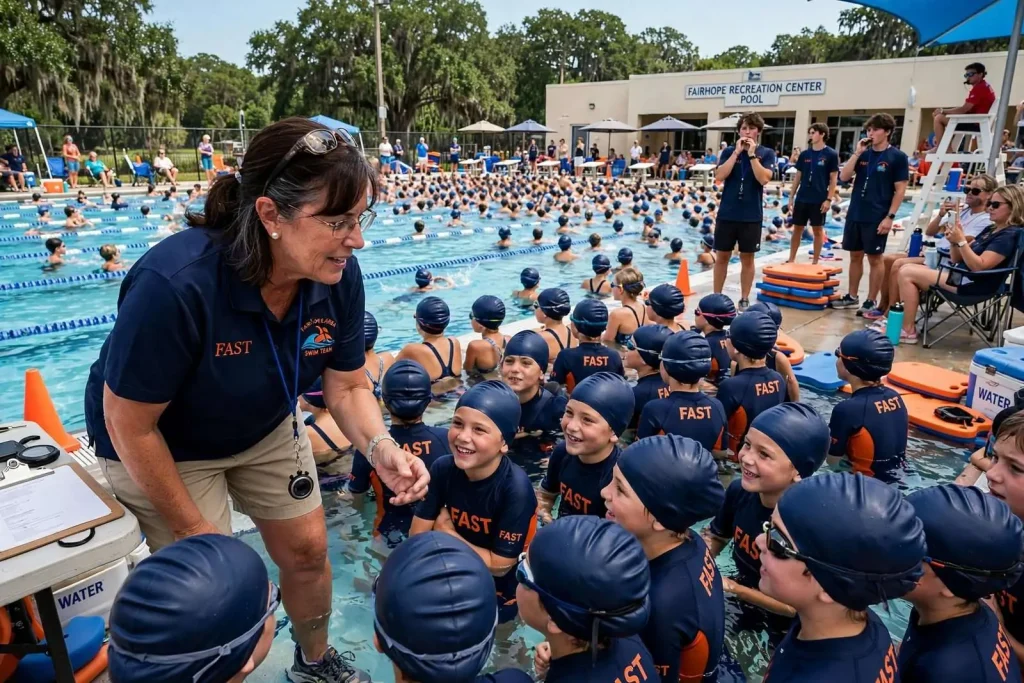 Illustration for the news story: Inside FAST: How Coach Cathy Hudson Built Alabama’s Largest Youth Swim Team in Fairhope