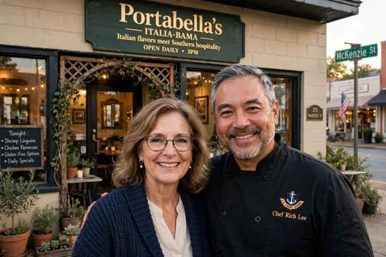 Illustration for the news story: Italia-Bama on McKenzie Street: A Coast Guard Chef Revives Portabella’s in Foley