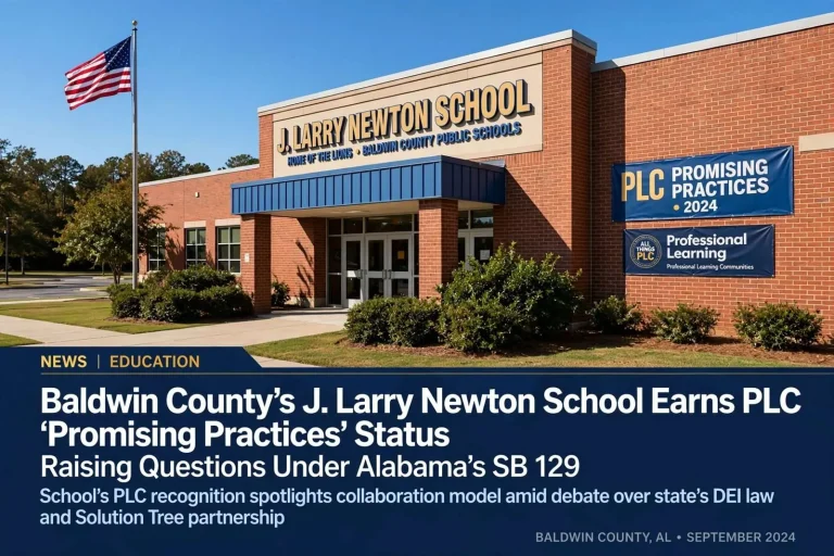 Illustration for the news story: Baldwin County’s J. Larry Newton School Earns PLC ‘Promising Practices’ Status, Raising Questions Under Alabama’s SB 129