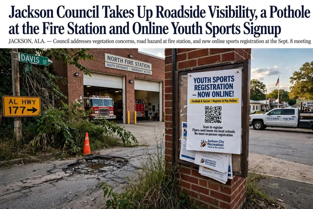 Illustration for the news story: Jackson Council Takes Up Roadside Visibility, a Pothole at the Fire Station and Online Youth Sports Signup