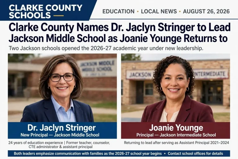 Illustration for the news story: Clarke County Names Dr. Jaclyn Stringer to Lead Jackson Middle School as Joanie Younge Returns to Jackson Intermediate