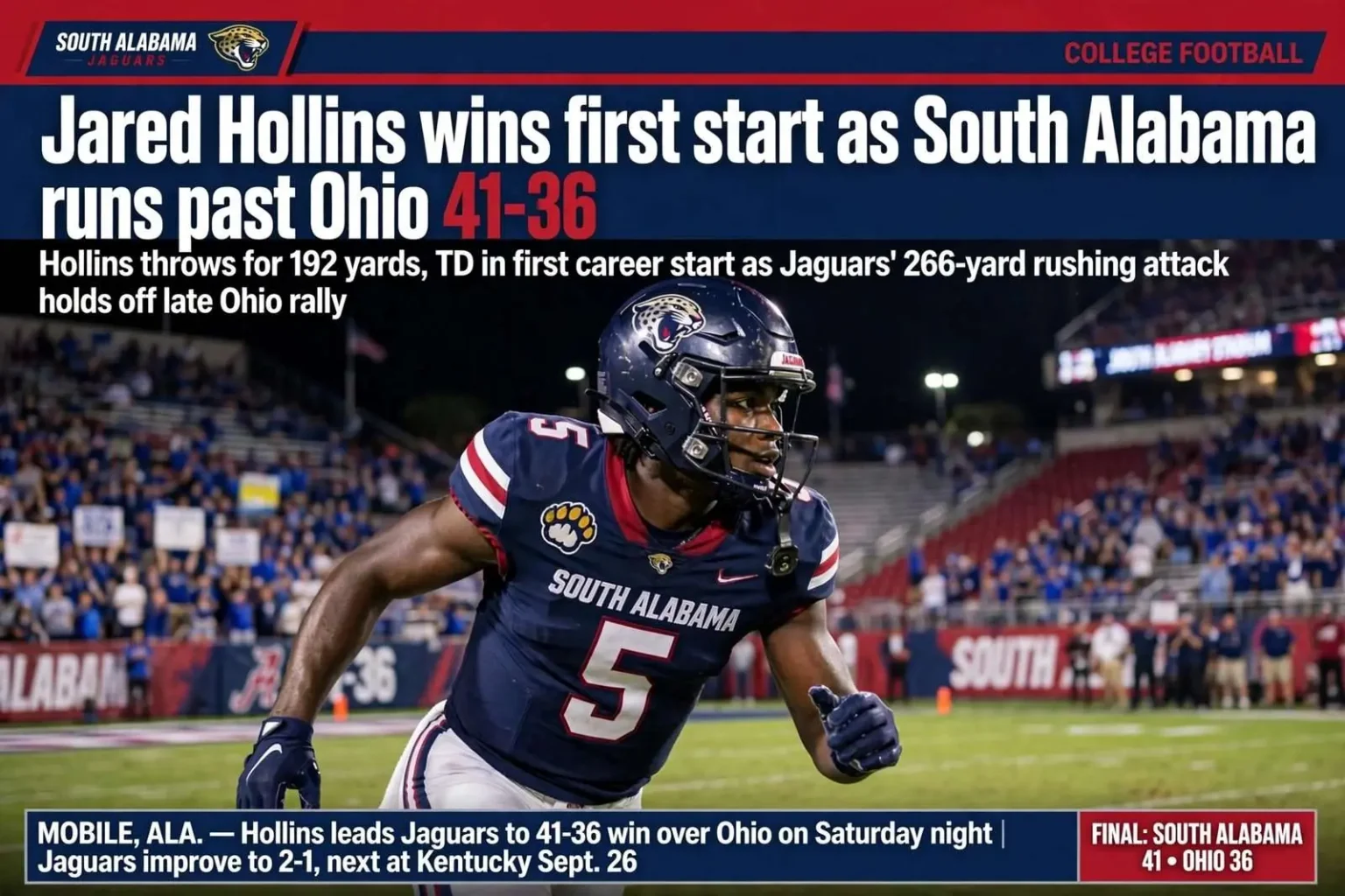 Illustration for the news story: Jared Hollins wins first start as South Alabama runs past Ohio 41-36