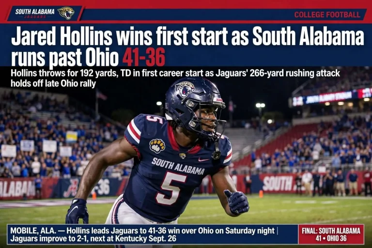 Illustration for the news story: Jared Hollins wins first start as South Alabama runs past Ohio 41-36