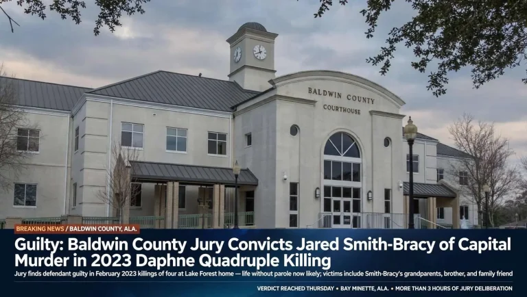 Illustration for the news story: Guilty: Baldwin County Jury Convicts Jared Smith-Bracy of Capital Murder in 2023 Daphne Quadruple Killing