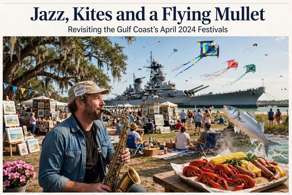 Illustration for the news story: Jazz, Kites and a Flying Mullet: Revisiting the Gulf Coast’s April 2024 Festivals