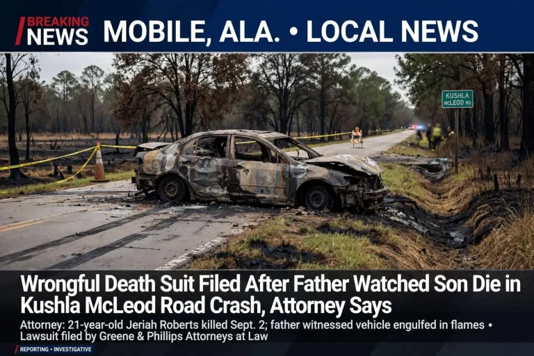 Illustration for the news story: Wrongful Death Suit Filed After Father Watched Son Die in Kushla McLeod Road Crash, Attorney Says