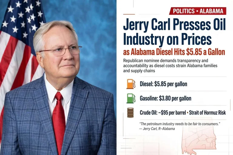 Illustration for the news story: Jerry Carl Presses Oil Industry on Prices as Alabama Diesel Hits $5.85 a Gallon