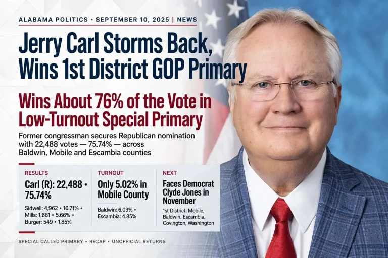 Illustration for the news story: Jerry Carl Storms Back, Wins 1st District GOP Primary With About 76 Percent of the Vote