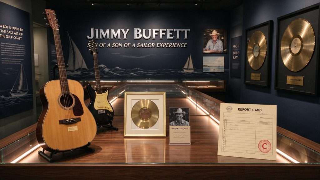 Illustration for the news story: Inside Mobile’s New Jimmy Buffett Exhibit: Guitars, Handwritten Lyrics and a Mediocre Report Card