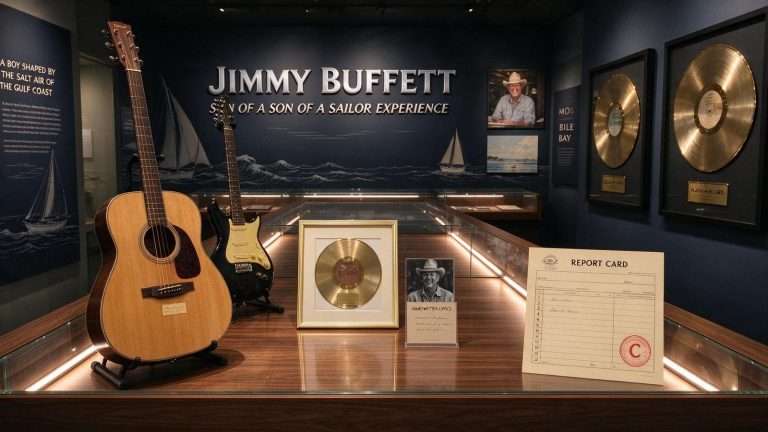 Illustration for the news story: Inside Mobile’s New Jimmy Buffett Exhibit: Guitars, Handwritten Lyrics and a Mediocre Report Card