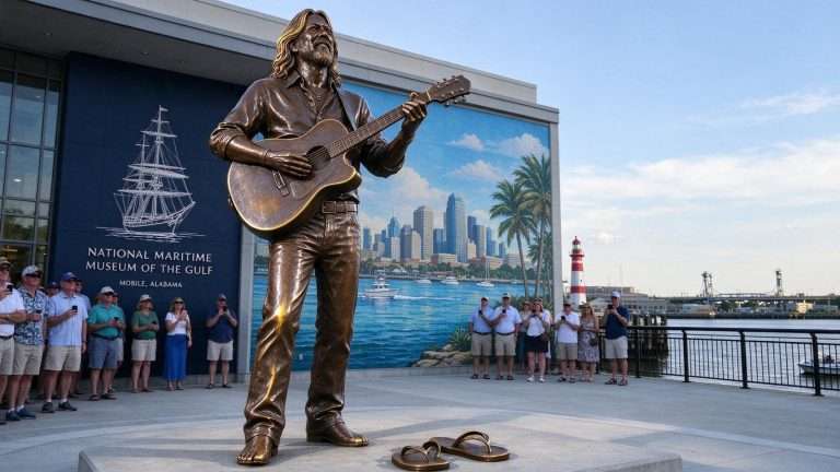 Illustration for the news story: Jimmy Buffett Statue Unveiled on Mobile Riverfront as Museum Exhibit Prepares to Open