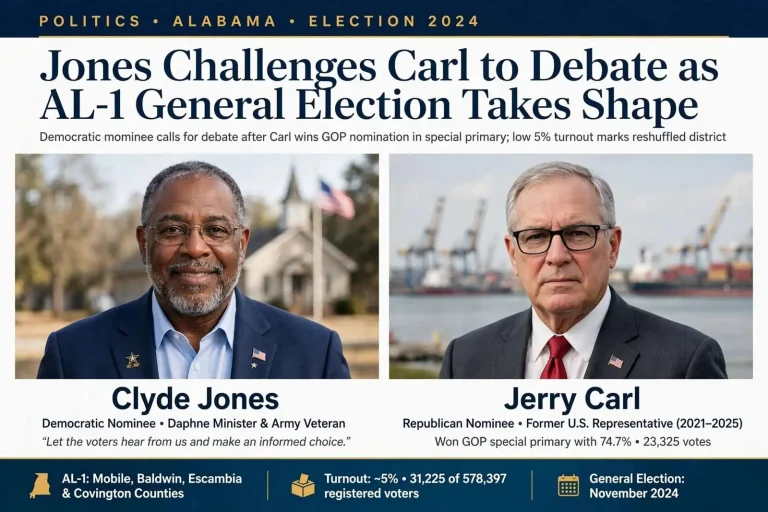 Illustration for the news story: Jones Challenges Carl to Debate as AL-1 General Election Takes Shape