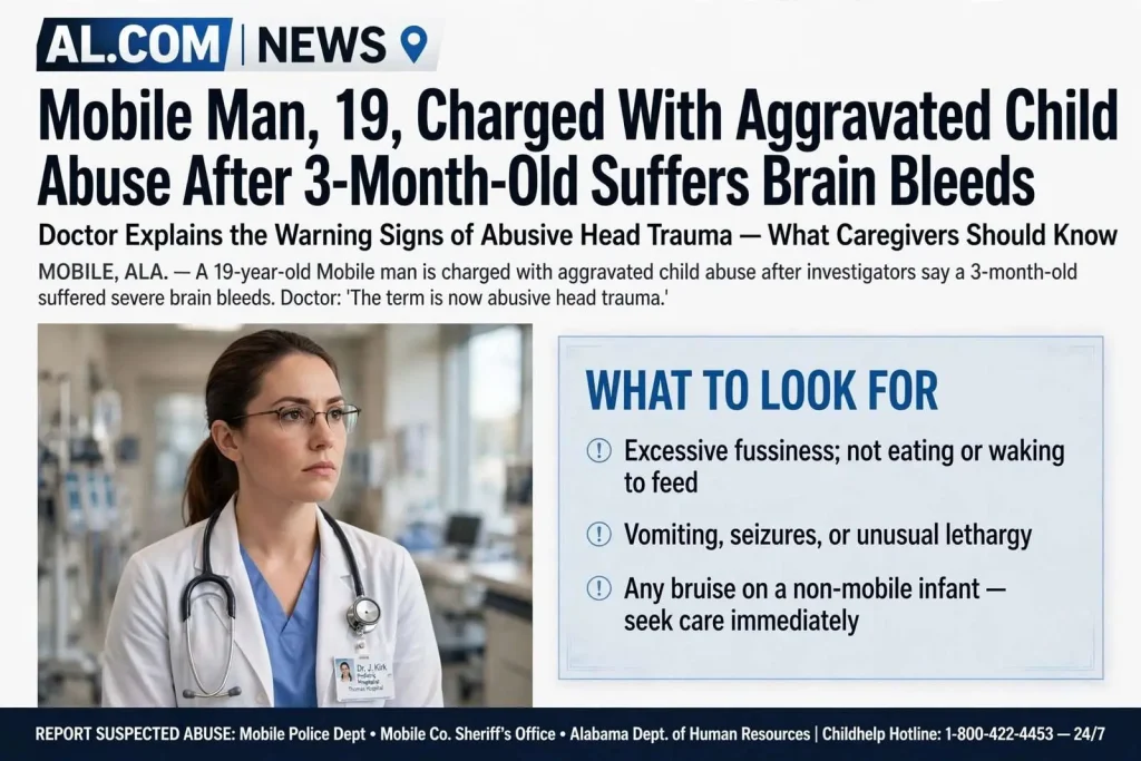 Illustration for the news story: Mobile Man, 19, Charged With Aggravated Child Abuse After 3-Month-Old Suffers Brain Bleeds; Doctor Explains the Warning Signs