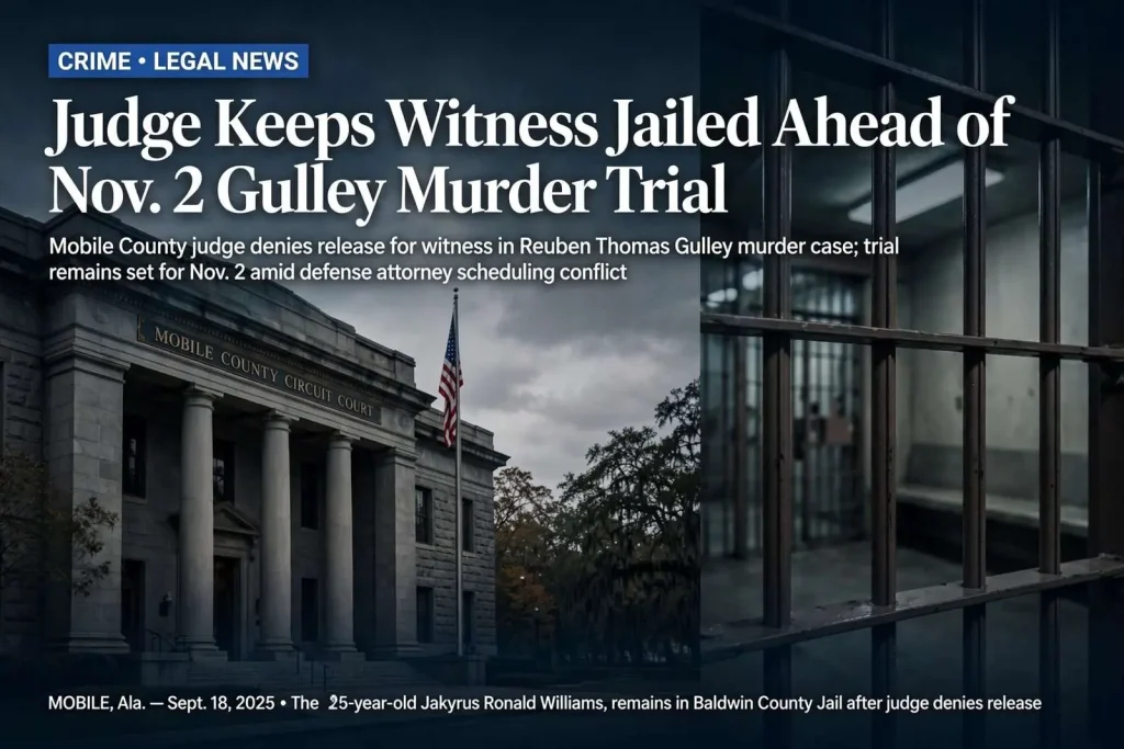 Illustration for the news story: Judge Keeps Witness Jailed Ahead of Nov. 2 Gulley Murder Trial
