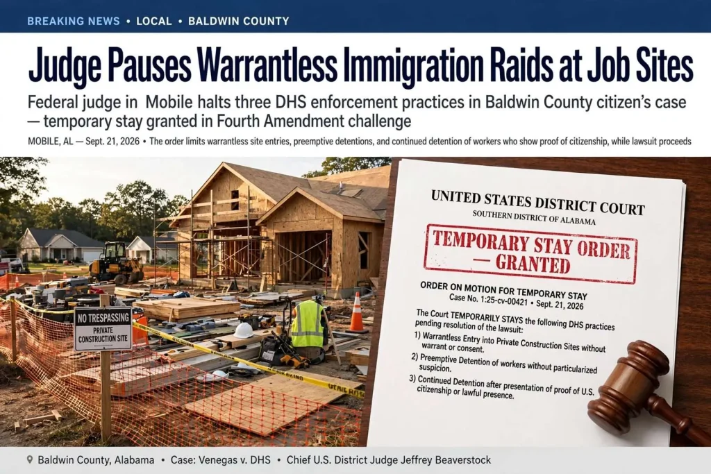 Illustration for the news story: Judge Pauses Warrantless Immigration Raids at Job Sites in Baldwin County Citizen’s Case