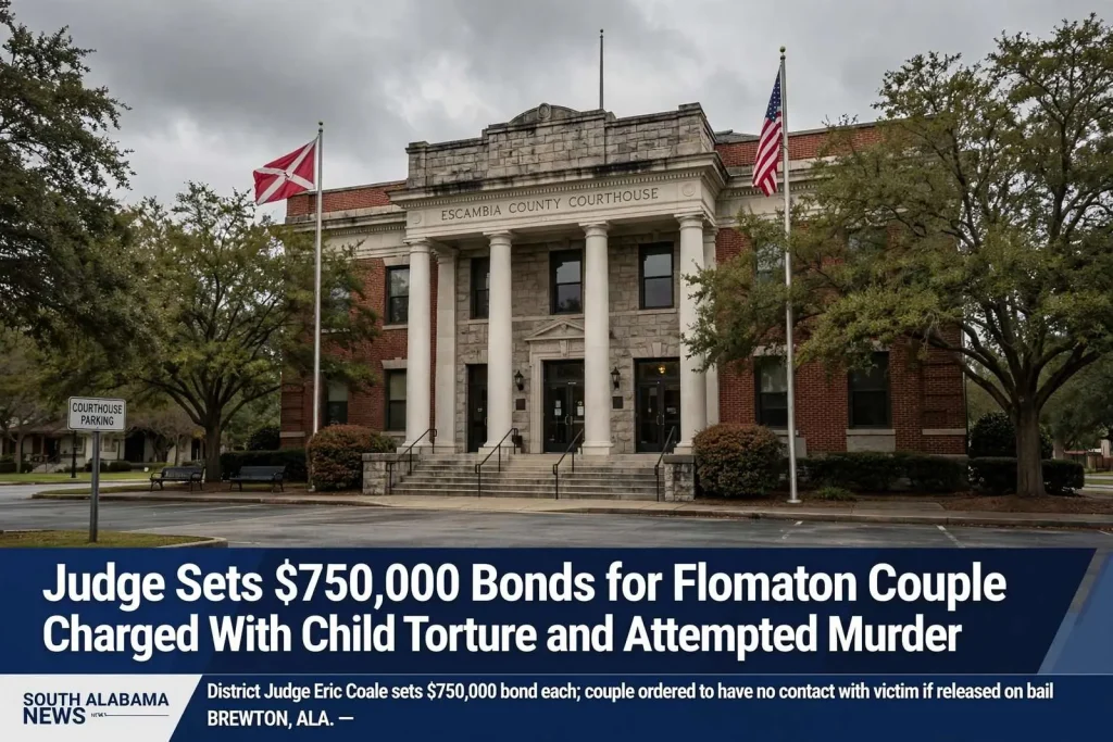 Illustration for the news story: Judge Sets $750,000 Bonds for Flomaton Couple Charged With Child Torture and Attempted Murder