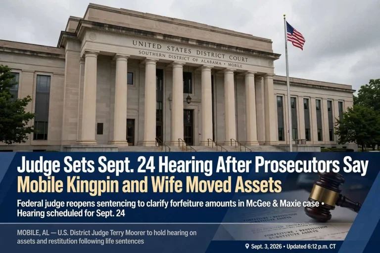 Illustration for the news story: Judge Sets Sept. 24 Hearing After Prosecutors Say Mobile Kingpin and Wife Moved Assets