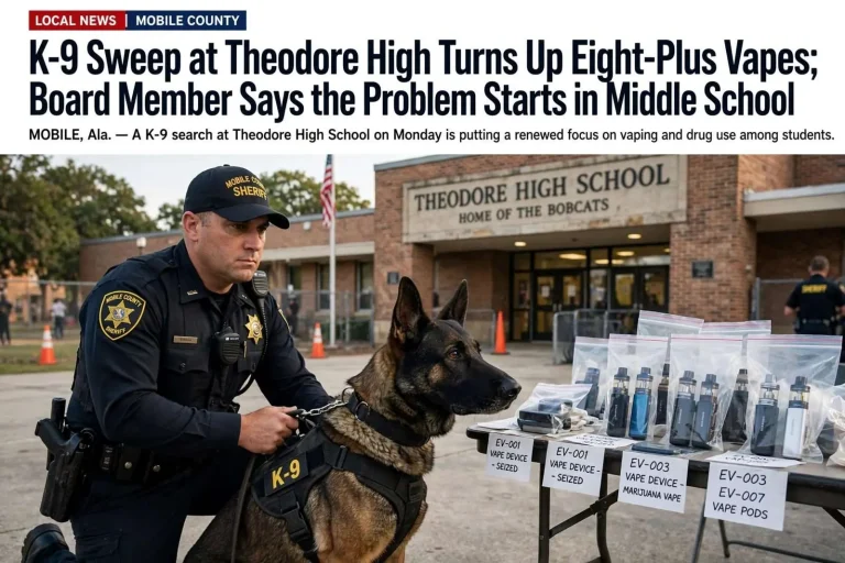 Illustration for the news story: K-9 Sweep at Theodore High Turns Up Eight-Plus Vapes; Board Member Says the Problem Starts in Middle School