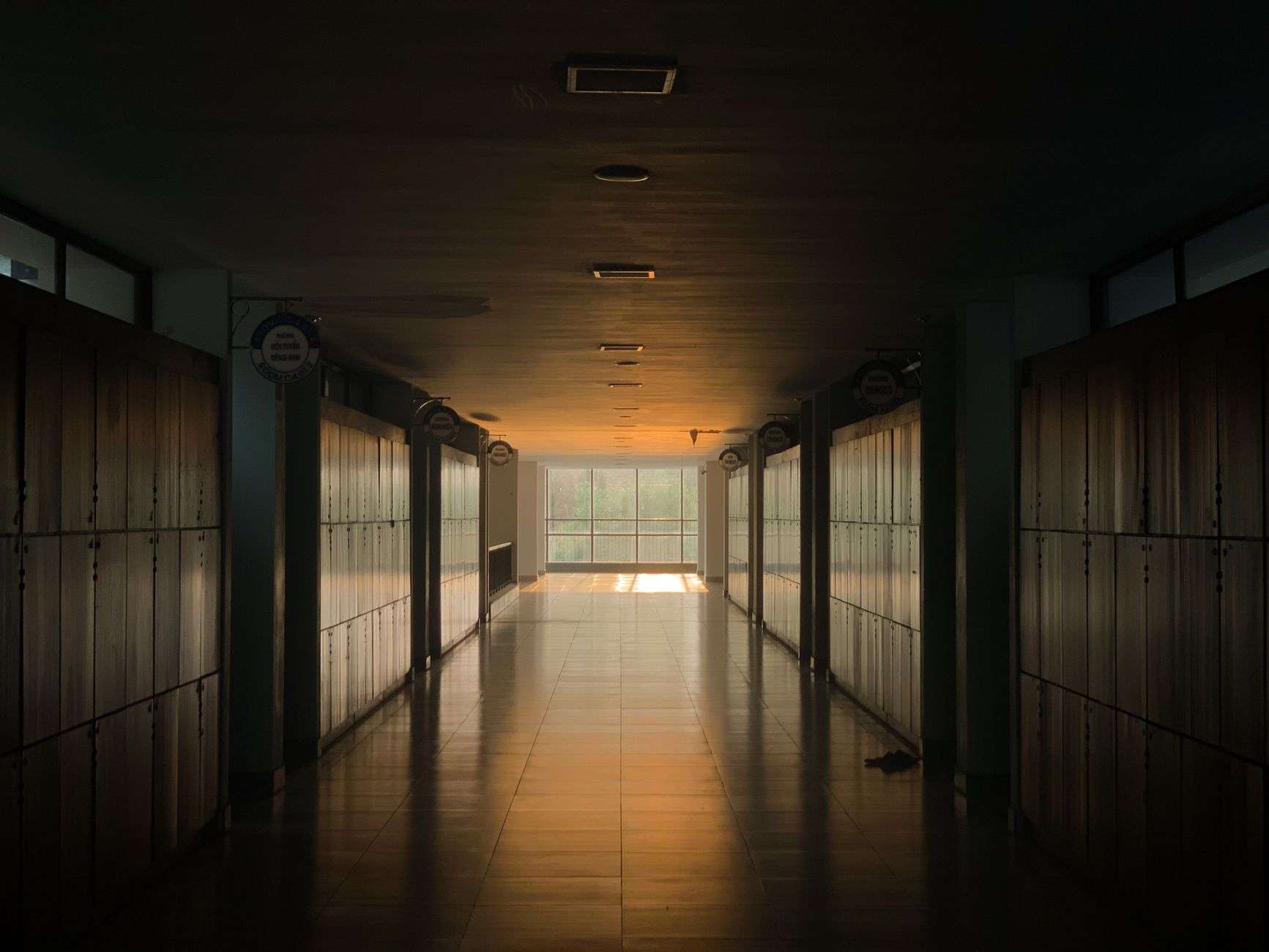 High school hallway lined with lockers