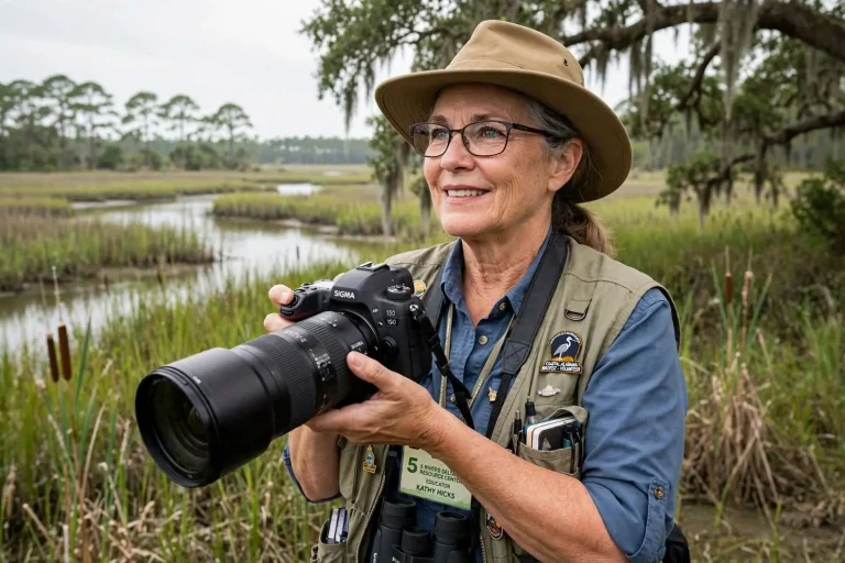 Illustration for the news story: Kathy Hicks Turned Poor Eyesight Into a Lens on Coastal Alabama’s Disappearing Birds