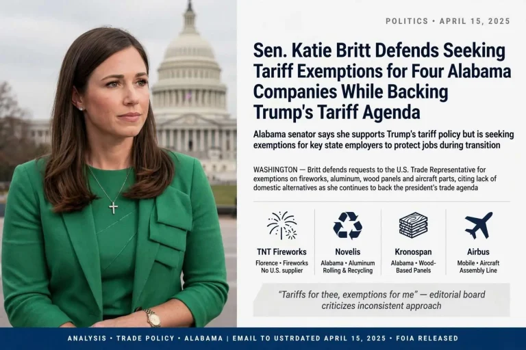 Illustration for the news story: Sen. Katie Britt Defends Seeking Tariff Exemptions for Four Alabama Companies While Backing Trump’s Tariff Agenda