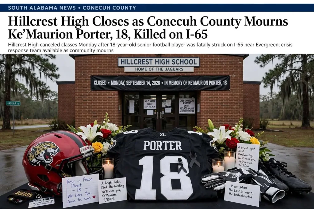 Illustration for the news story: Hillcrest High Closes as Conecuh County Mourns Ke’Maurion Porter, 18, Killed on I-65