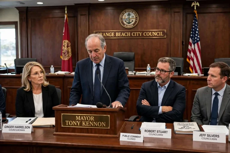 Illustration for the news story: Kennon Apologizes to Orange Beach Council as Public Feuding Pauses, Bodycam Fight Continues