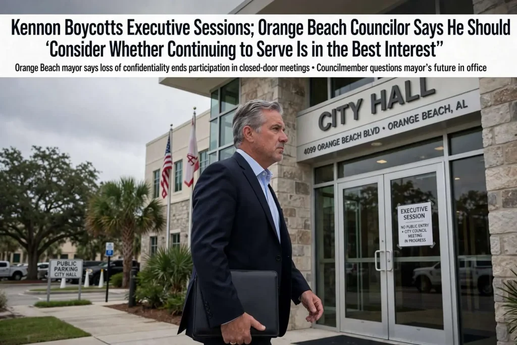 Illustration for the news story: Kennon Boycotts Executive Sessions; Orange Beach Councilor Says He Should ‘Consider Whether Continuing to Serve Is in the Best Interest’
